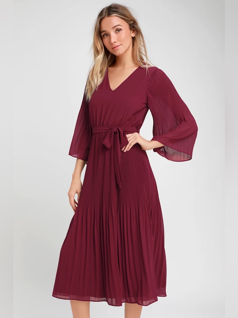 Lulus Burgundy Pleated Bell Sleeve Maxi Dress V-Neck Sash Tie Formal Gown XS